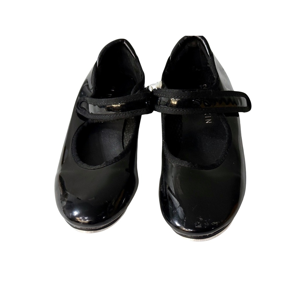 Danskin Girls Black Patent Mary Jane Tap Shoes Size 12 Hook and Loop Strap